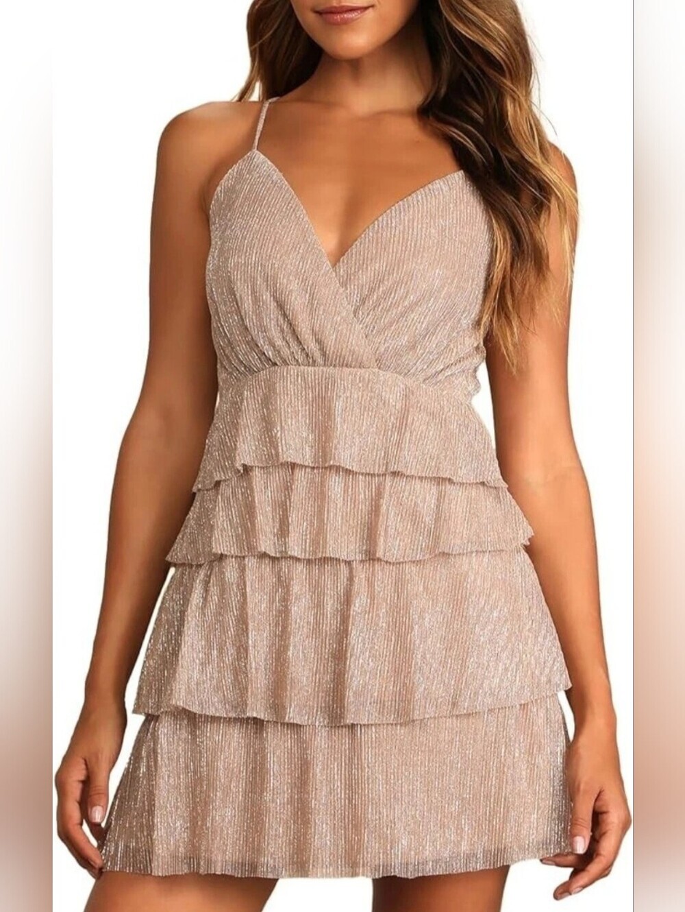 Lulu's Shimmer Micropleat Ruffle Empire Waist Mini Dress Size L Gold